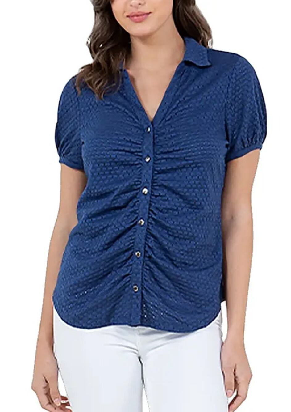 SINGLE THREAD TOP WOMEN'S SIZE SMALL EYELET KNIT BUTTON-UP SHIRT BLOUSE BLUE NEW